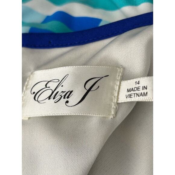 Eliza J Dress Size 14 Blue White Geometric Striped 3/4 Sleeve Knit Casual Shift - Picture 6 of 13